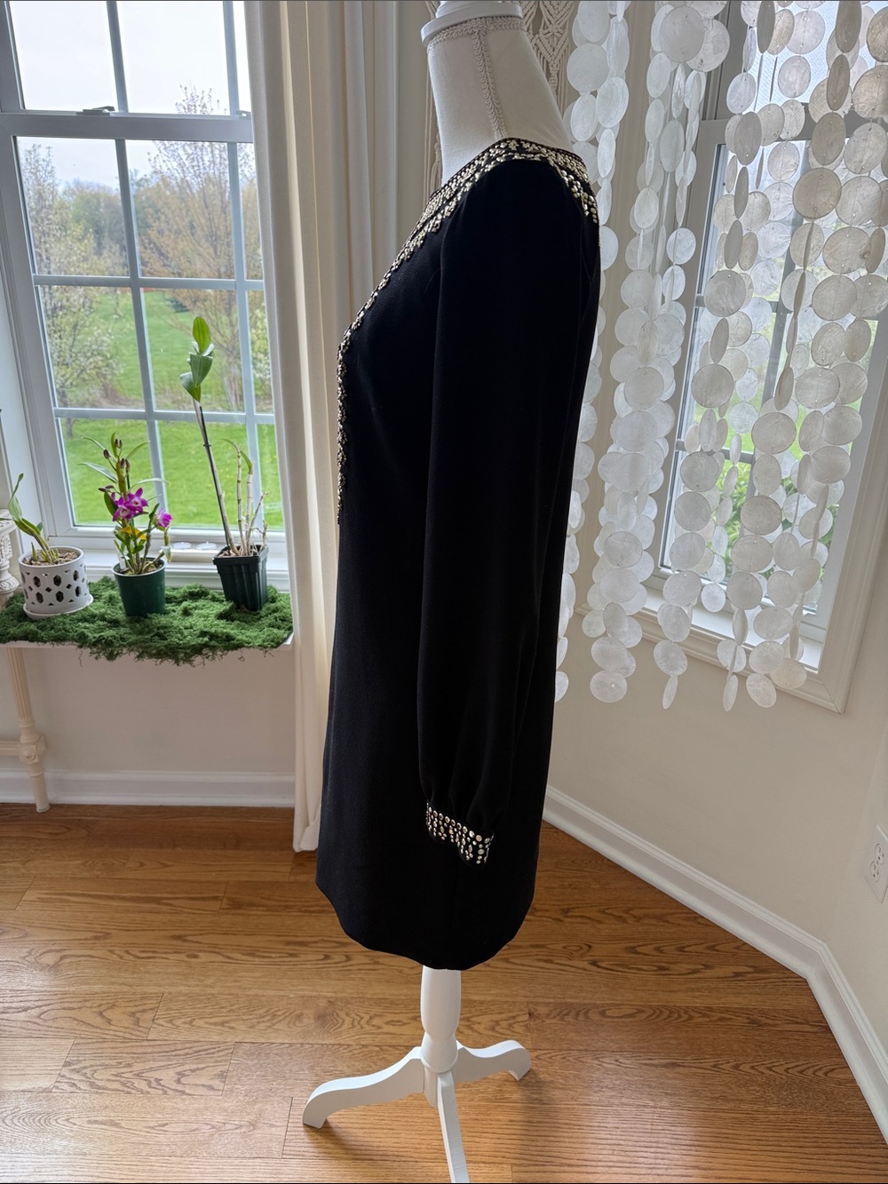 Trina Turk Womens Black Beaded Long Sleeve Shift Dress 0 Gold Detailing - Picture 6 of 13